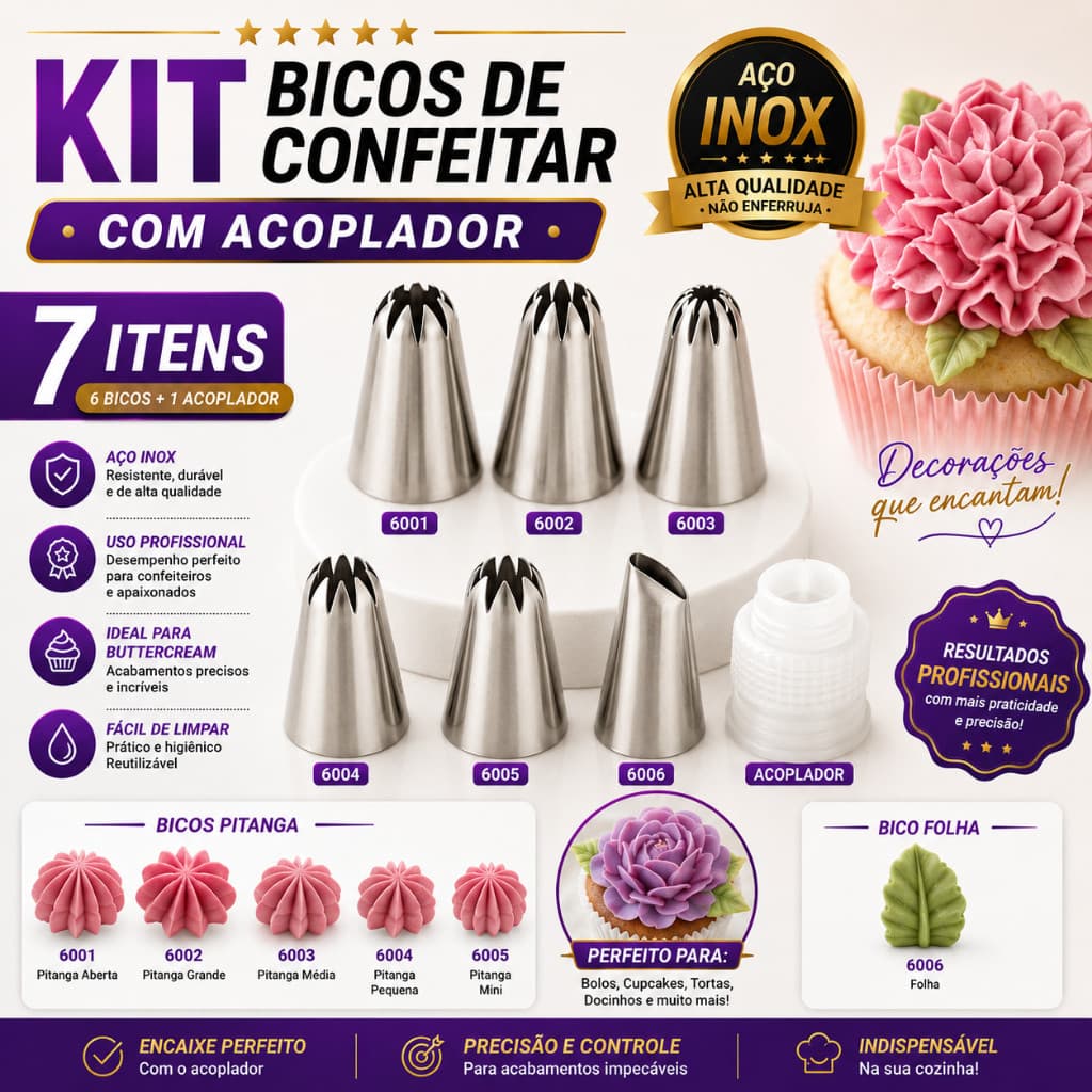 Kit Bicos De Confeitar Inox 6 Bicos Pitanga Folha + Acoplador Para Buttercream Chantilly