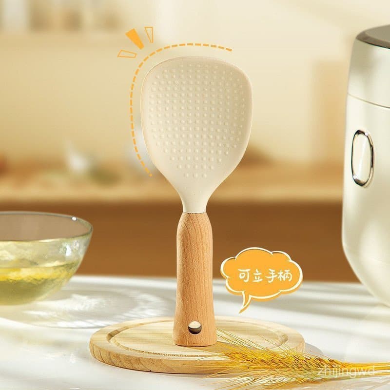 Colher de arroz de silicone antiaderente CQFJ, com raspador de grãos e cabo de madeira, adequada para armazenamento domé