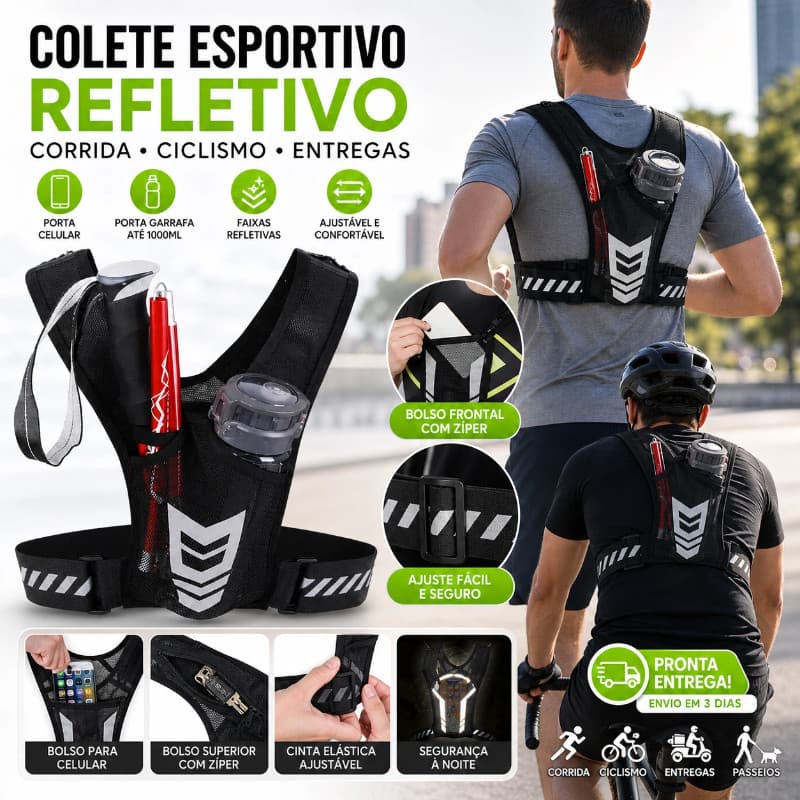 Colete Refletivo Corrida E Ciclismo Entrega Em 3 Dias Bolsa De Peito Com Porta Celular E Garrafa Ajustável Esportiva