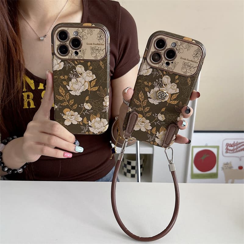 Material tpu com tudo incluído, camélia de flor marrom retrô resistente a choques, adequado para Apple 17PROMAX/16pro/15