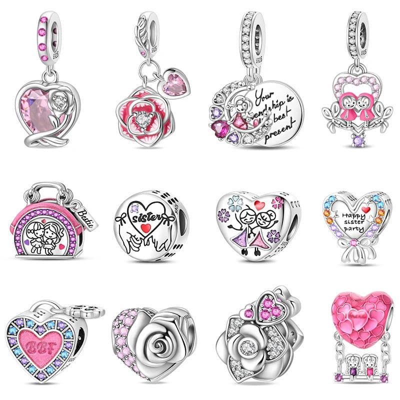 Pingente 100% em prata 925 da série "irmã e melhor amiga" com conta em formato de coração rosa, adequado para pulseiras