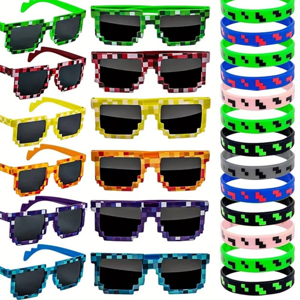 24 Pçs Pixel Tema Festa Favores 12 Pares Óculos De Sol Pixelados E 12 Pulseiras De Silicone Decoração De Aniversário Fon