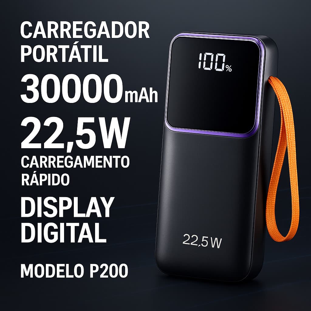 Carregador Portátil 30000mAh 22.5W Múltiplas Saídas, Cabos Integrados e Alça Reforçada Modelo P100