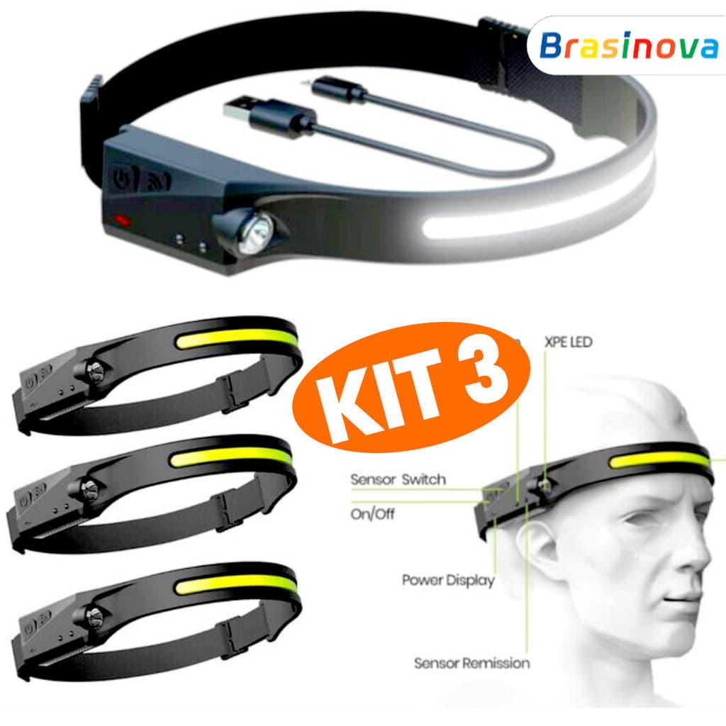Kit 3 Farol Recarregável LED Corpo Esportes Camping Lanterna Luz com USB