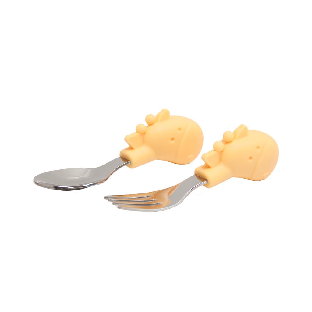 Colher e Garfo Infantil Amarelo Manteiga com Case - Marcus & Marcus