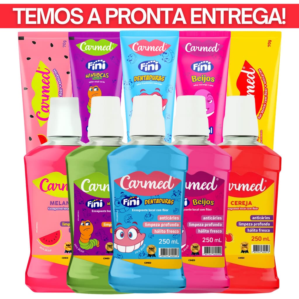 Enxaguante Bucal e Gel Dental Carmed Minhocas, Dentaduras, Beijos, Melancia e Cereja Fini Sabores Cimed