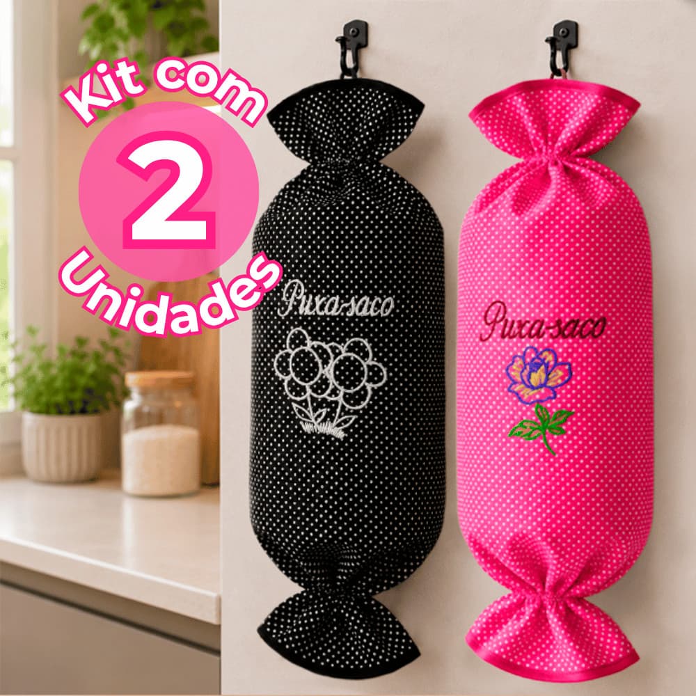 Kit 2 Puxa Saco Poá com Bordado Dispenser Organizador Cozinha Cores Variadas
