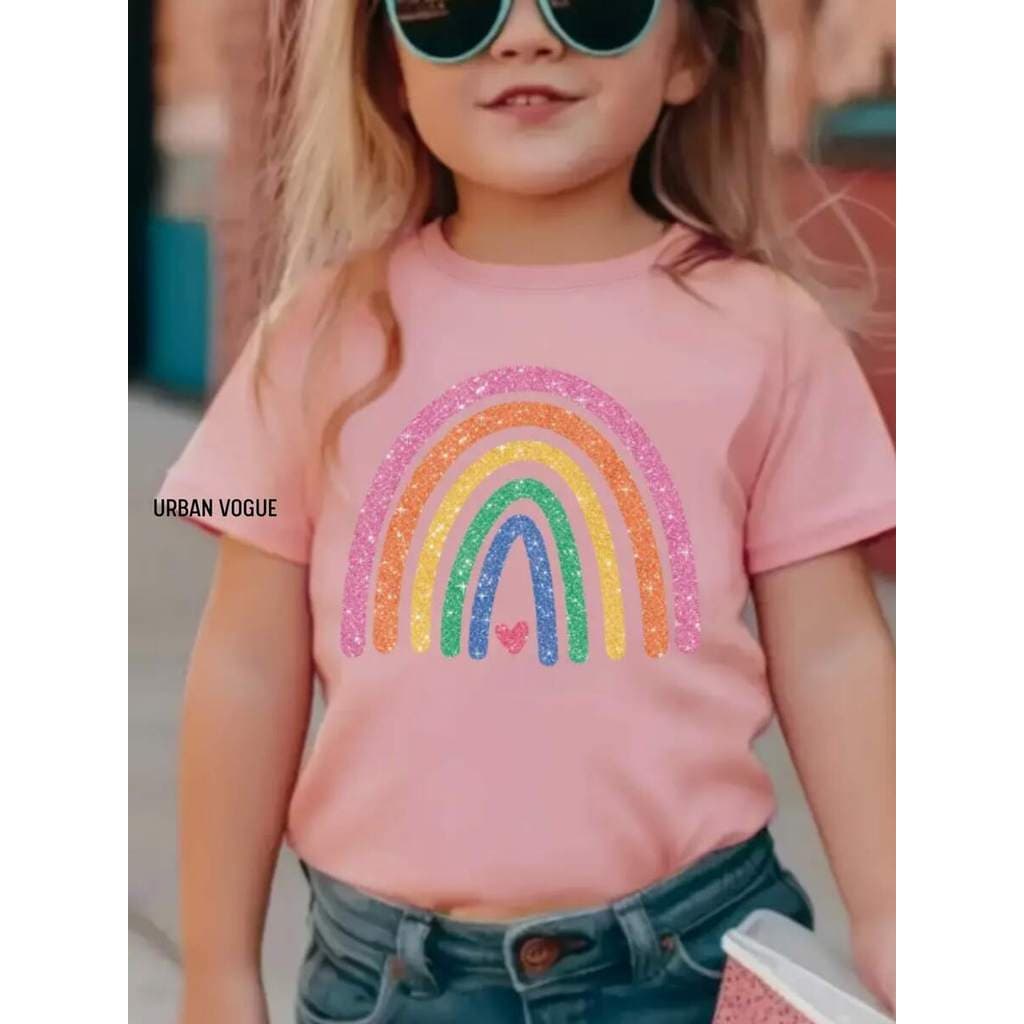 Camiseta Infantil Feminina Kids Estampada Arco-Iris Efeito glitter Blusinha Menina 100% algodão Malha 30.1 Envio Rápido