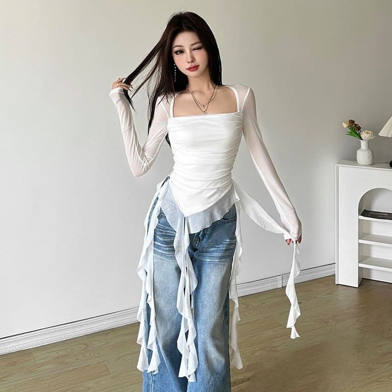 Menina quente estilo fada fofo babados pescoço quadrado mais magro olhar de manga comprida camiseta feminina malha puro