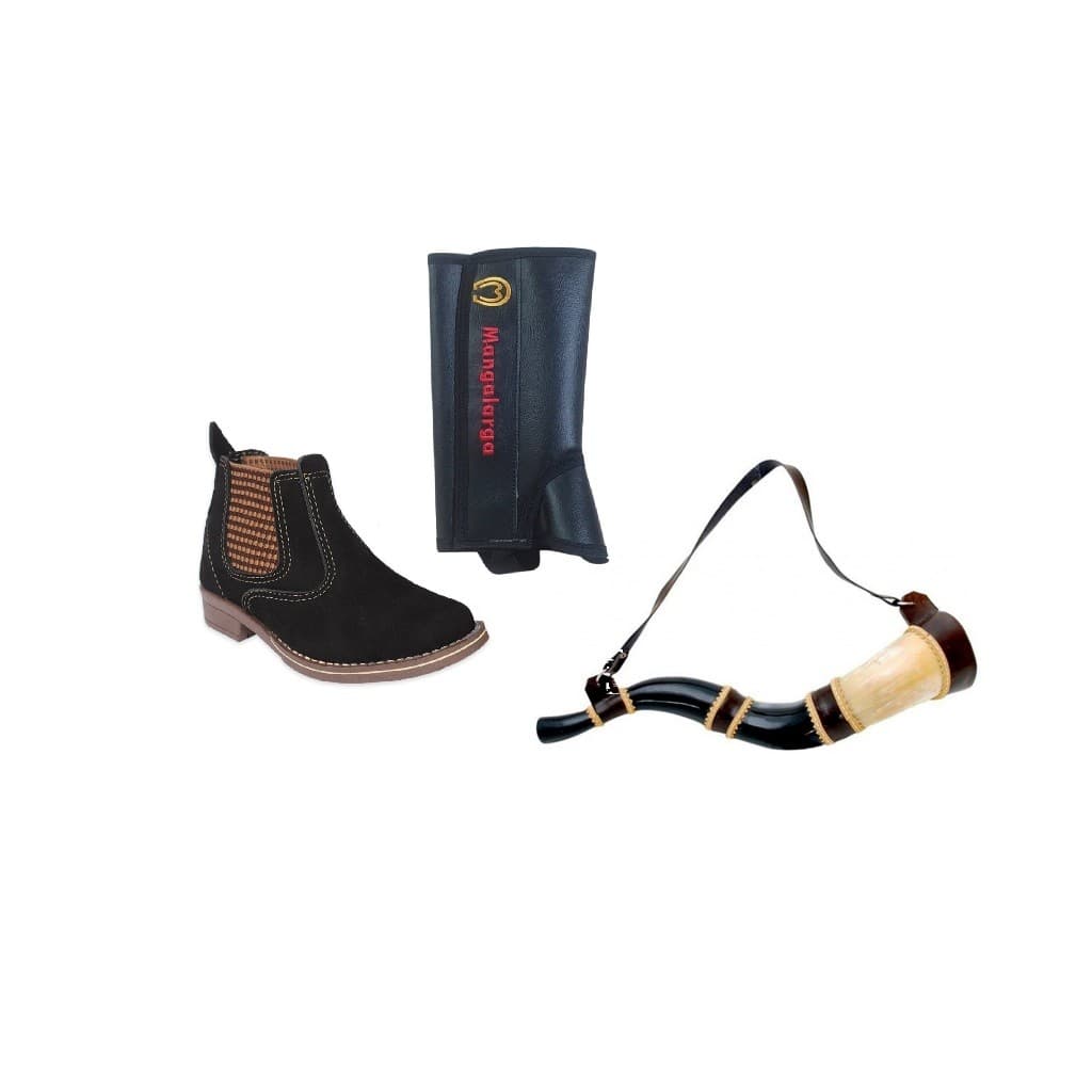 Kit Infantil Cowboy Botina Couro + Berrante + Perneira Country Criança