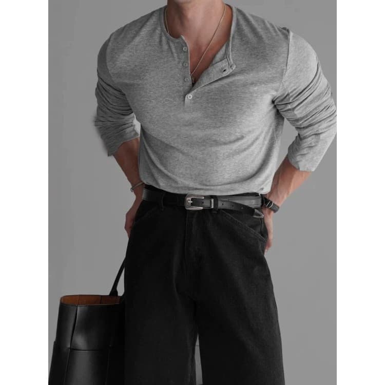 Americano resistente estilo Rayon Henry camisa masculina meio aberto botão solto de manga comprida camiseta gola carcela