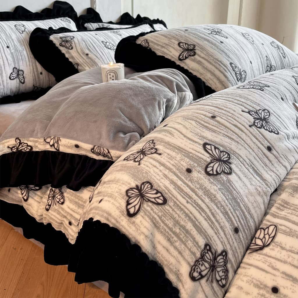 Francês engrossado leite veludo capa de cama conjunto de quatro peças inverno Coral flanela renda colcha capa mais camur