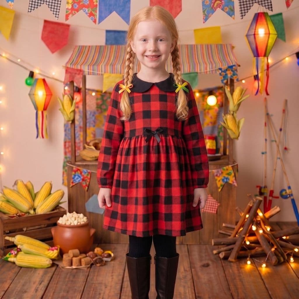 Vestido Infantil Xadrez Preto Flanelado Soltinho Vermlho Luxo Menina Manga Longa Quentinho