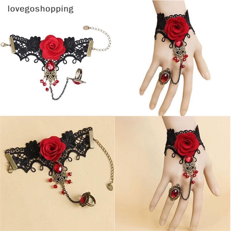 [lovego] Nova Pulseira Elegante Estilo Gótico Renda Rosa Vermelha Com Anel De Dedo Ajustável BR