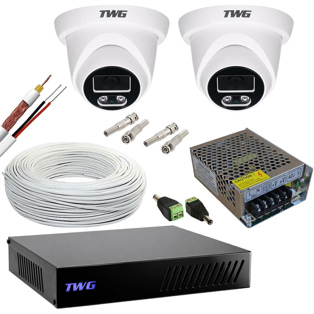 KIT CFTV 2 CAMERAS DOME 2MP 20M IMAGENS NOTURNAS COLORIDAS DVR 4 CANAIS SEM HD