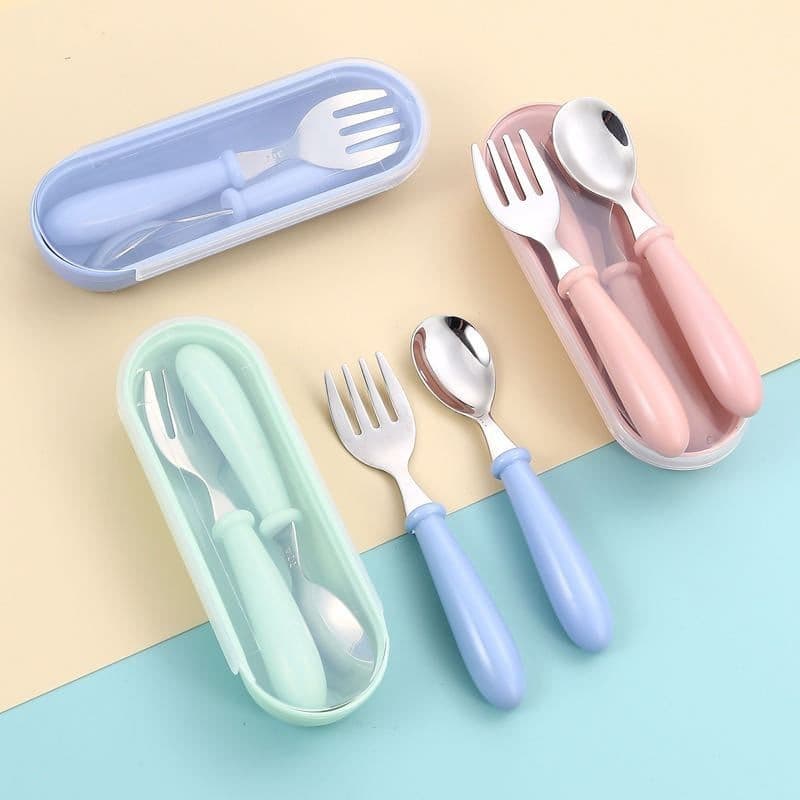 Conjunto De Talheres Infantil De Aço Inoxidável Colher e garfo com Estojo bebê