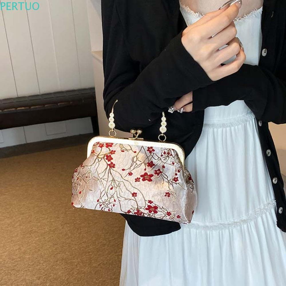 PERTUO Bolsa Bordada Estilo Chinês , De Ombro Com Corrente Estampada , Nylon
