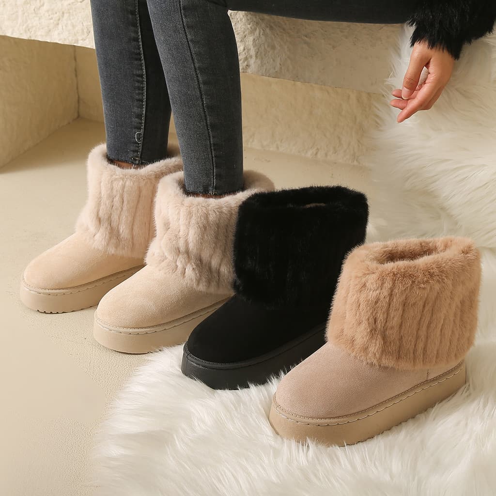 Botas de Neve Femininas de Pelúcia, Elegantes, Bico Redondo, Quentes, Casuais, Sola Grossa, Calçados de Inverno BEFS