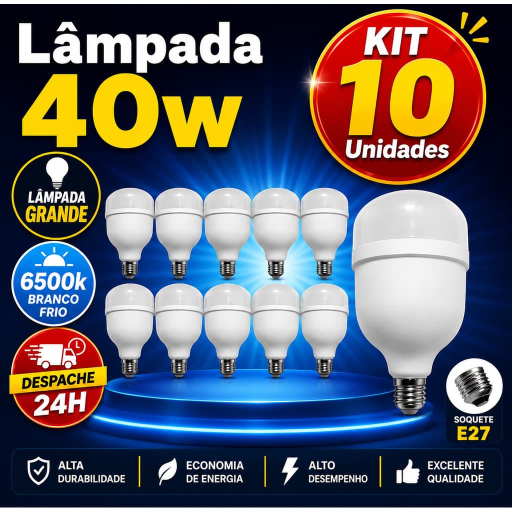 KIT 10 Unidades Lâmpadas Alta Potencia 40w 6500K Super Bulbo Forte Luz Branca 110v/220v Bivolt