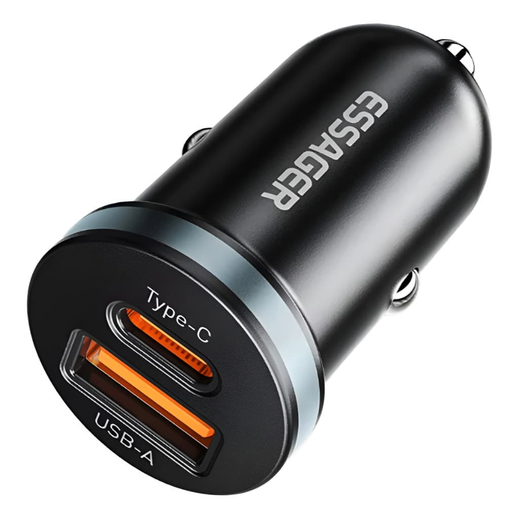 Carregador Veicular Essager 30W PD QC USB-C + USB Duplo Preto