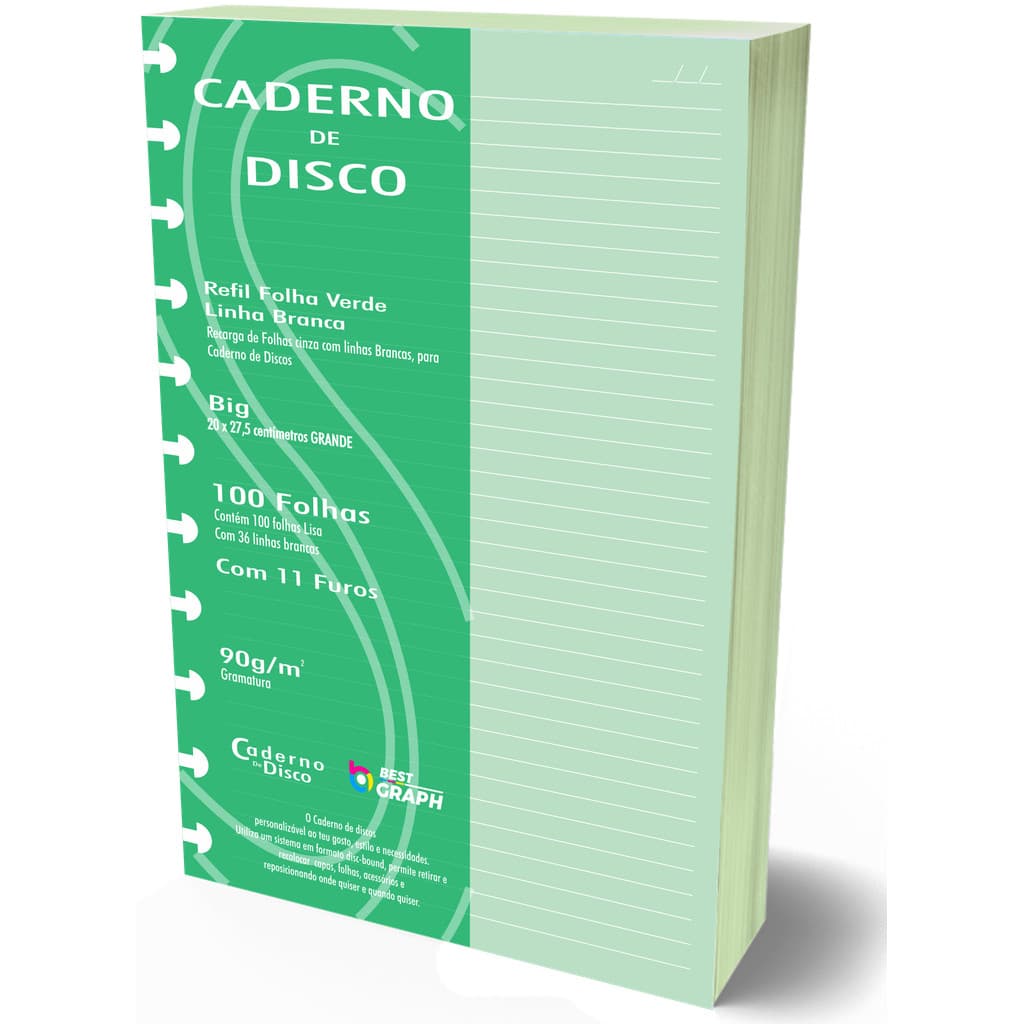 Refil Caderno de Discos 90g Verde 100 Folhas Grande 11 Furos