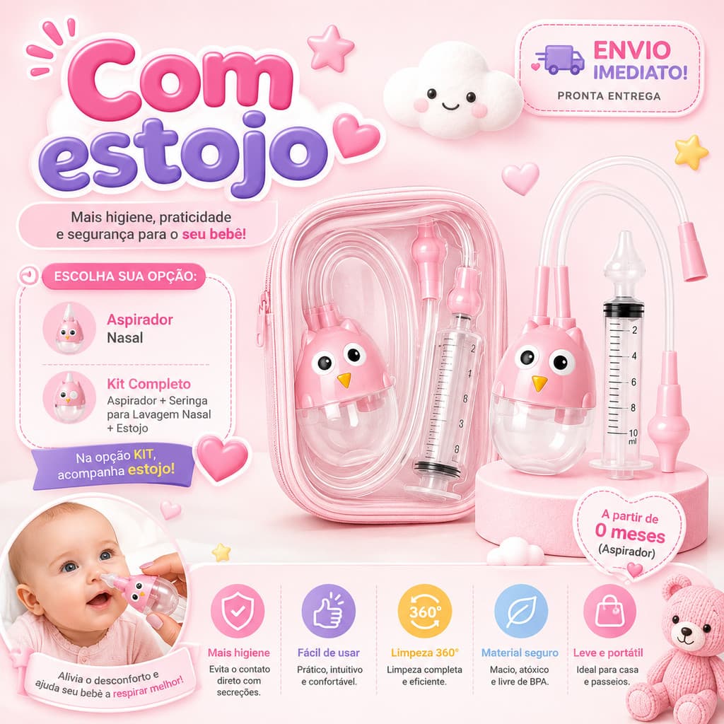 Kit 1 Seringa E 1 Aspirador Lavagem e Limpeza Nasal Bebês