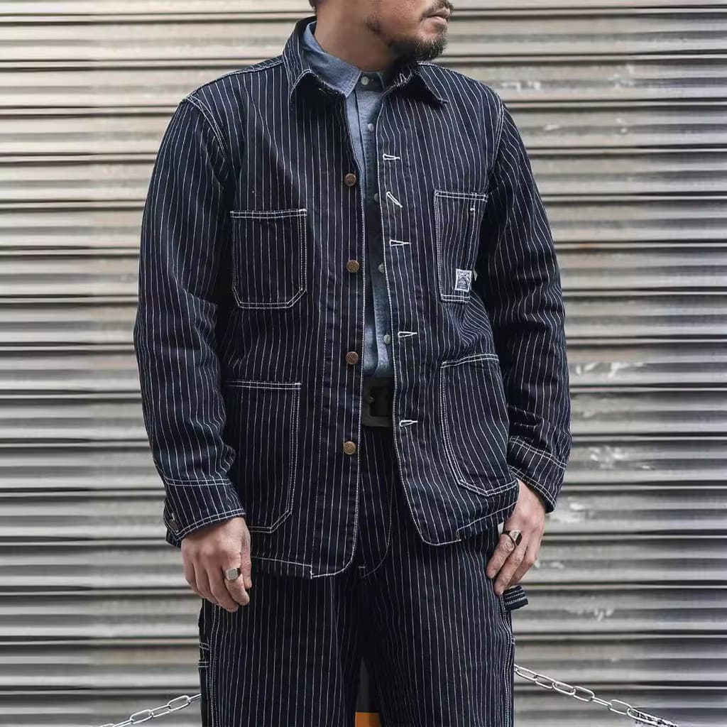 Jaqueta Cargo americana retrô Ami Khaji 12OZ com listras ferroviárias pesadas e estampa de puxar jaqueta listrada wanash