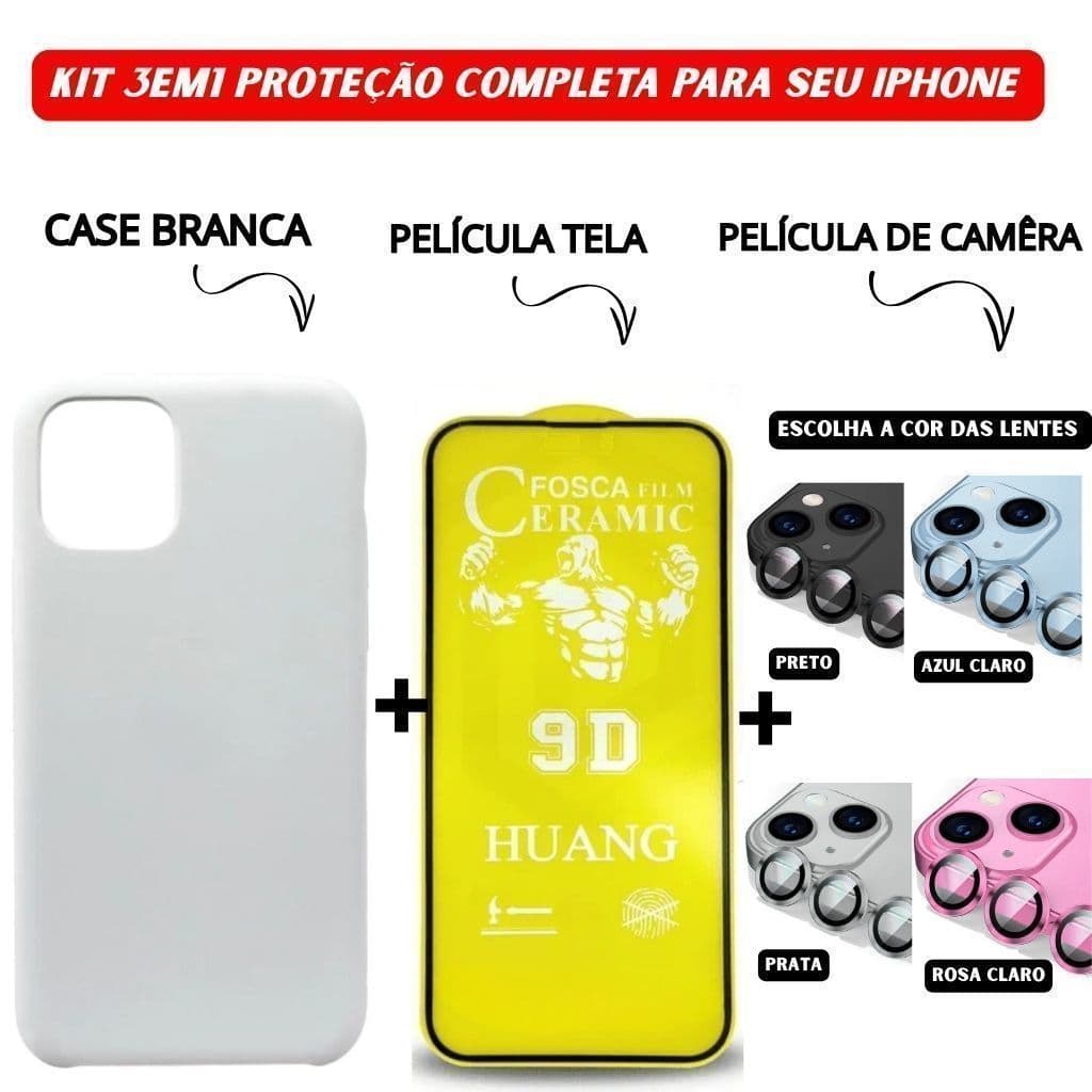 Kit 3em1 Case Branca + Película Cerâmica Fosca + Película Câmera Colorida Para iPhone 11 12 13 14 15 16 Pro Max
