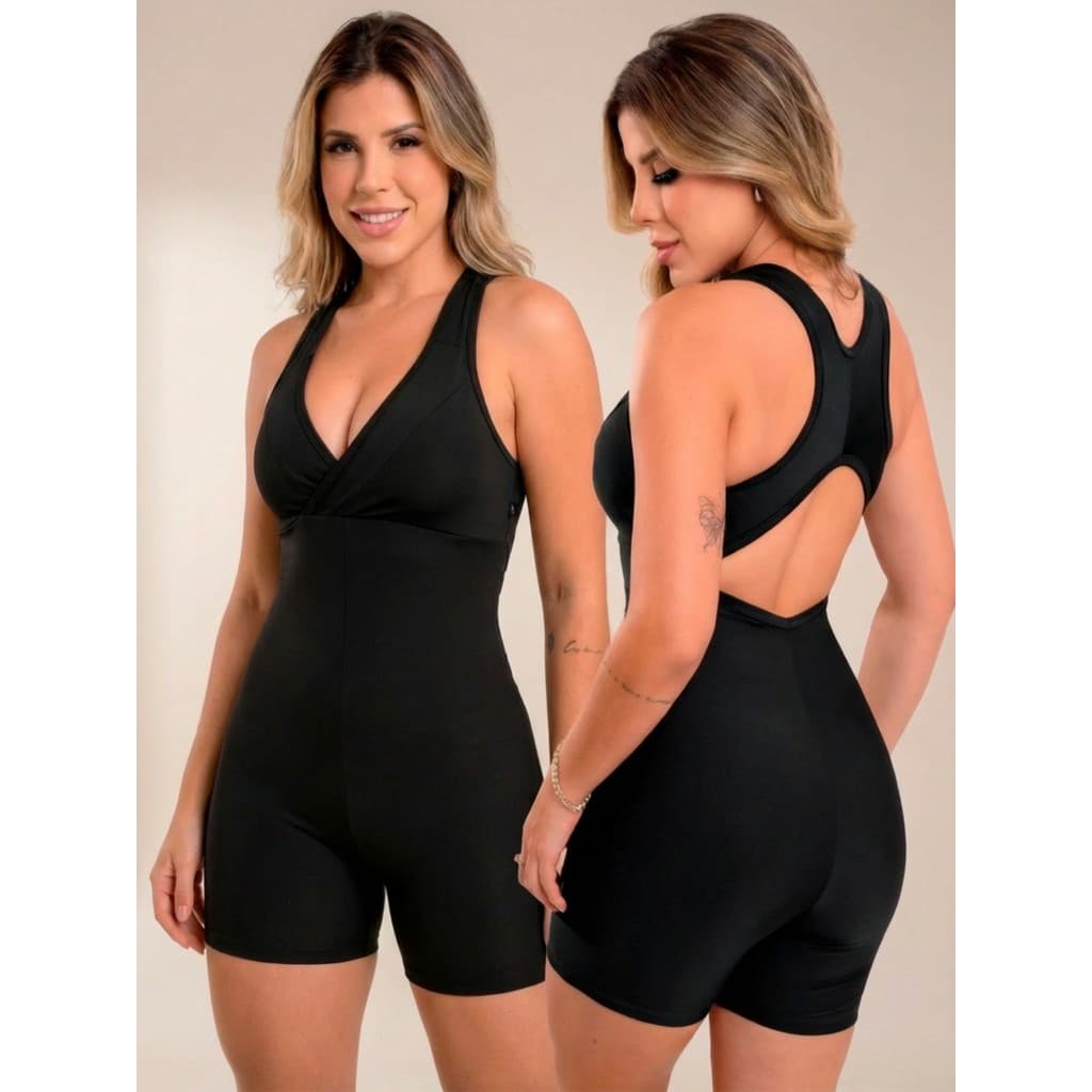 Macaquinho Feminino Curto Fitness Decote Academia Roupa Treino Alta Compressão Zero Transparência