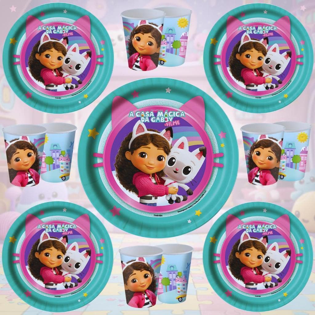 Kit Festa A Casa Mágica da Gabby Copos 200ml Pratos 18cm Descartáveis Aniversário Decoração Infantil