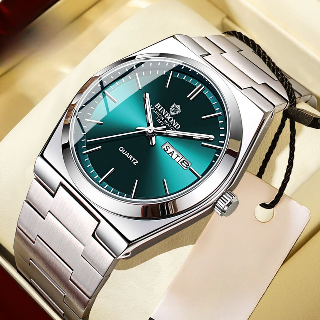 Relógio Masculino Quartzo Aço Inoxidável Negócios Casual Elegante Fino Calendário Duplo