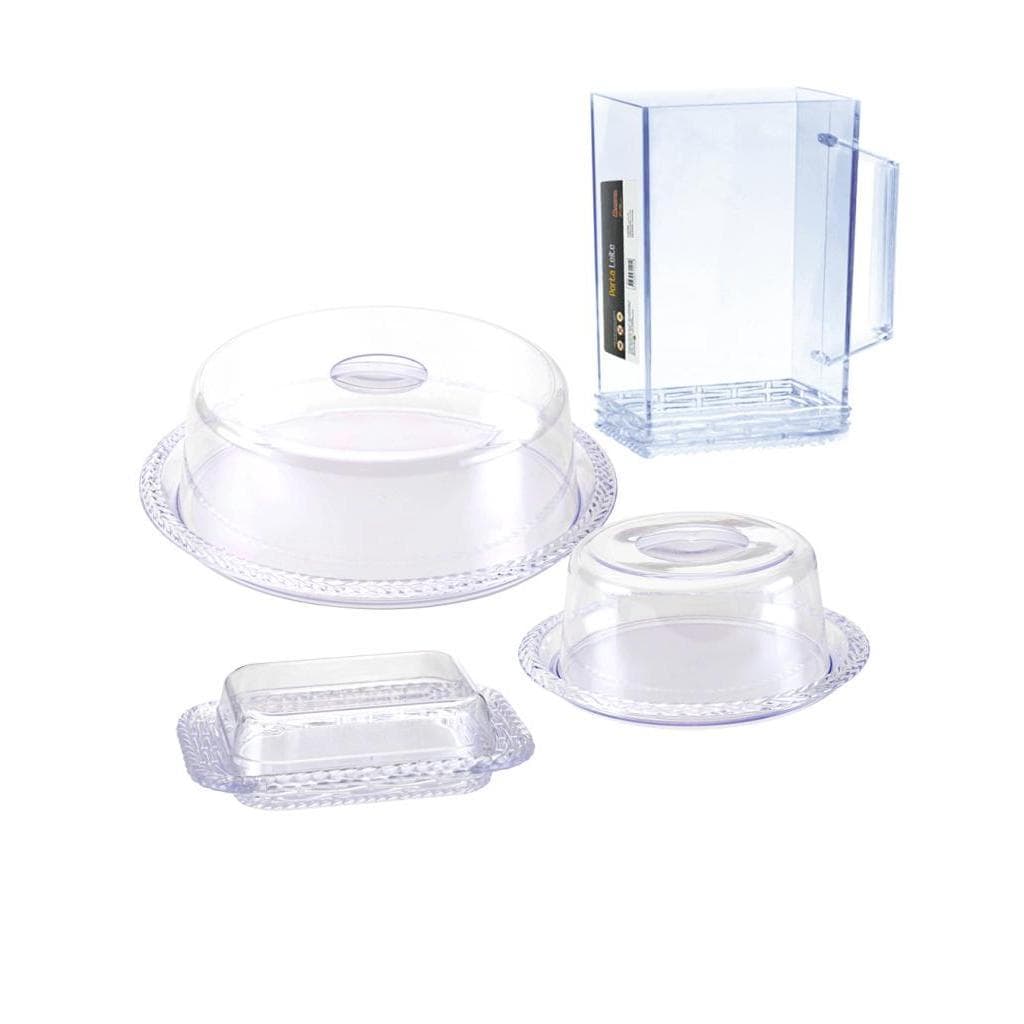 Kit Porta Bolo Trança 26cm Porta Queijo Porta Leite Manteigueira Acrílico 4 Peças Mesa Posta Cozinha