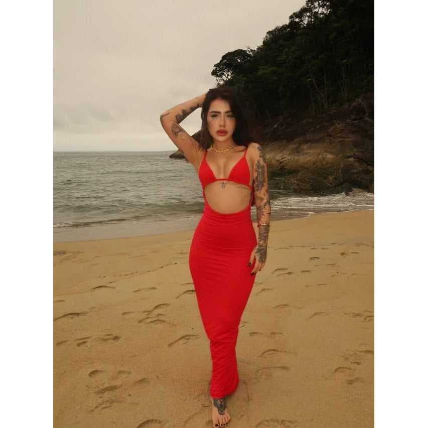 Vestido Praia Feminino Longo Com Decote Verão Moderno Suplex Liso Vermelho