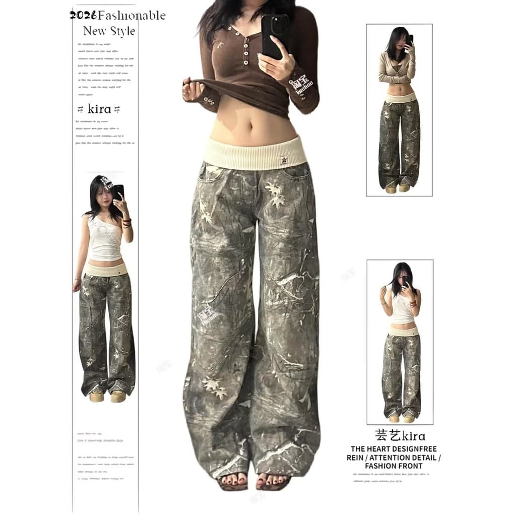 Americano Retro rosqueado cintura folha camuflagem Jeans de perna larga feminino cintura quadril do que deus calças cost
