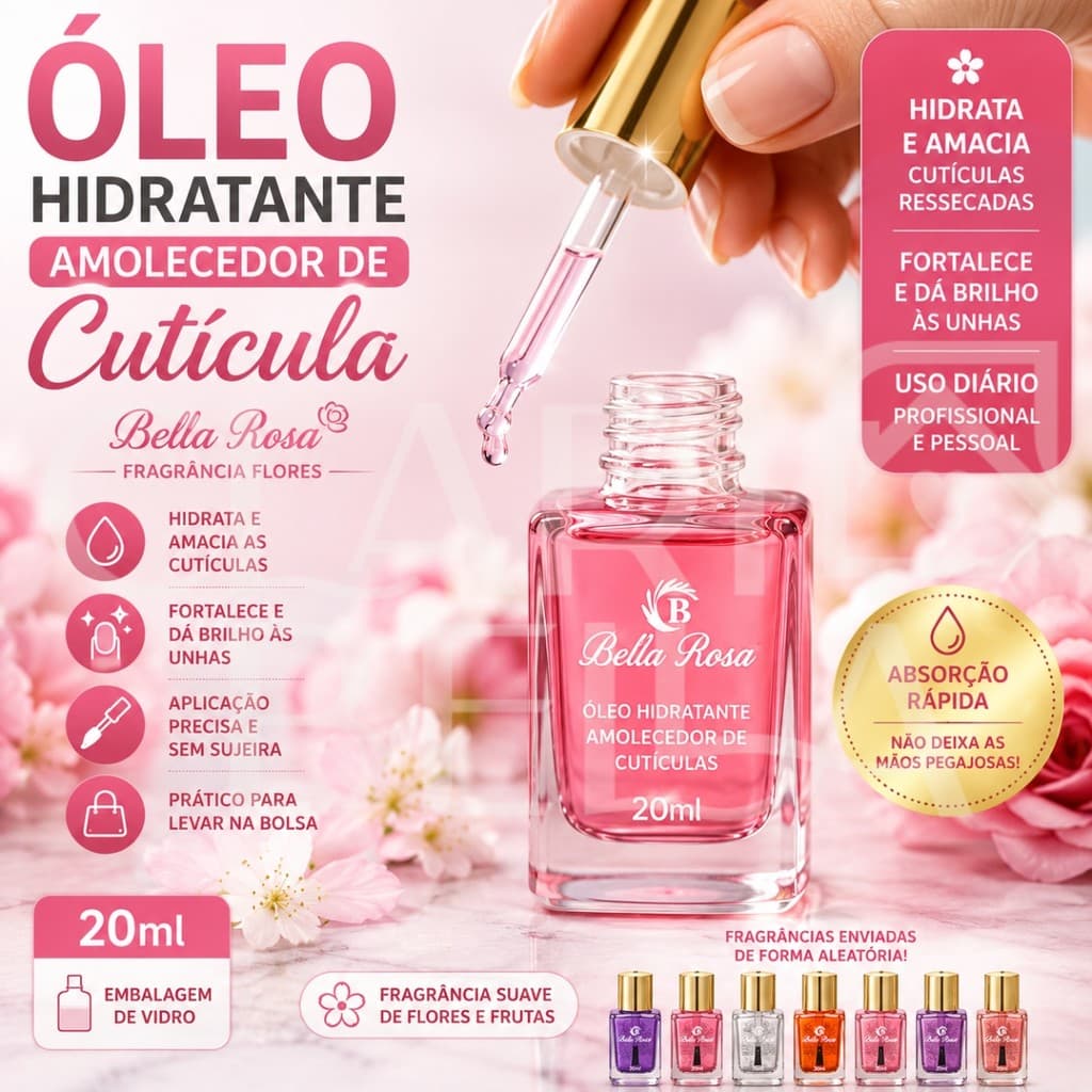 Óleo Hidratante Amolecedor De Cutícula Bella Rosa 20ml Flores Unhas