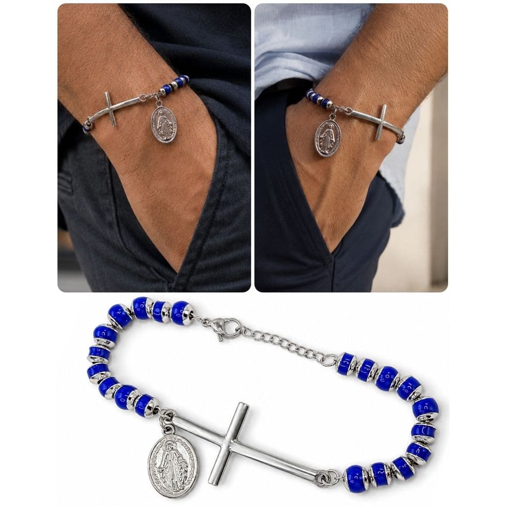 Pulseira Nossa Senhora Das Gracas Medalha Milagrosa Cruz Aco Inox