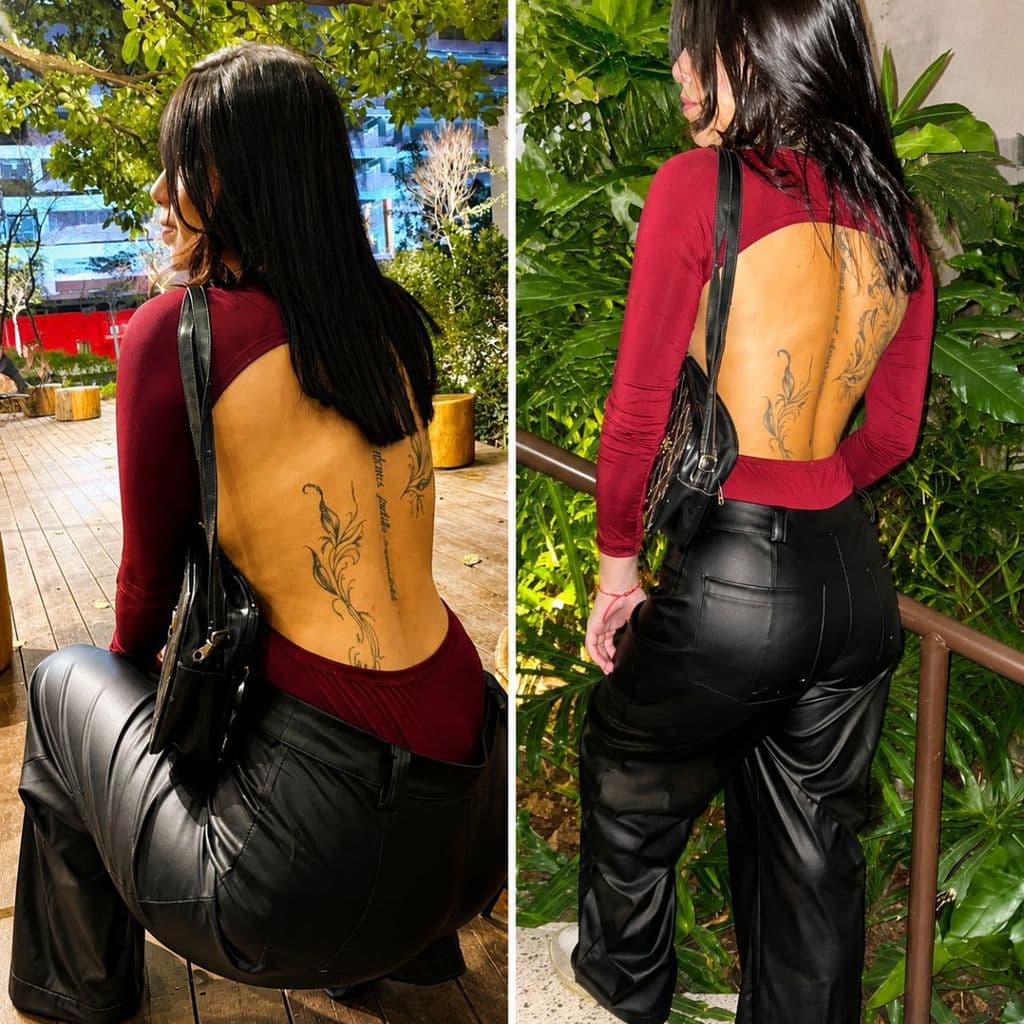Body Feminino Tendência Gringa em Suplex Grosso Manga Longa com Dedal e Costa Nua