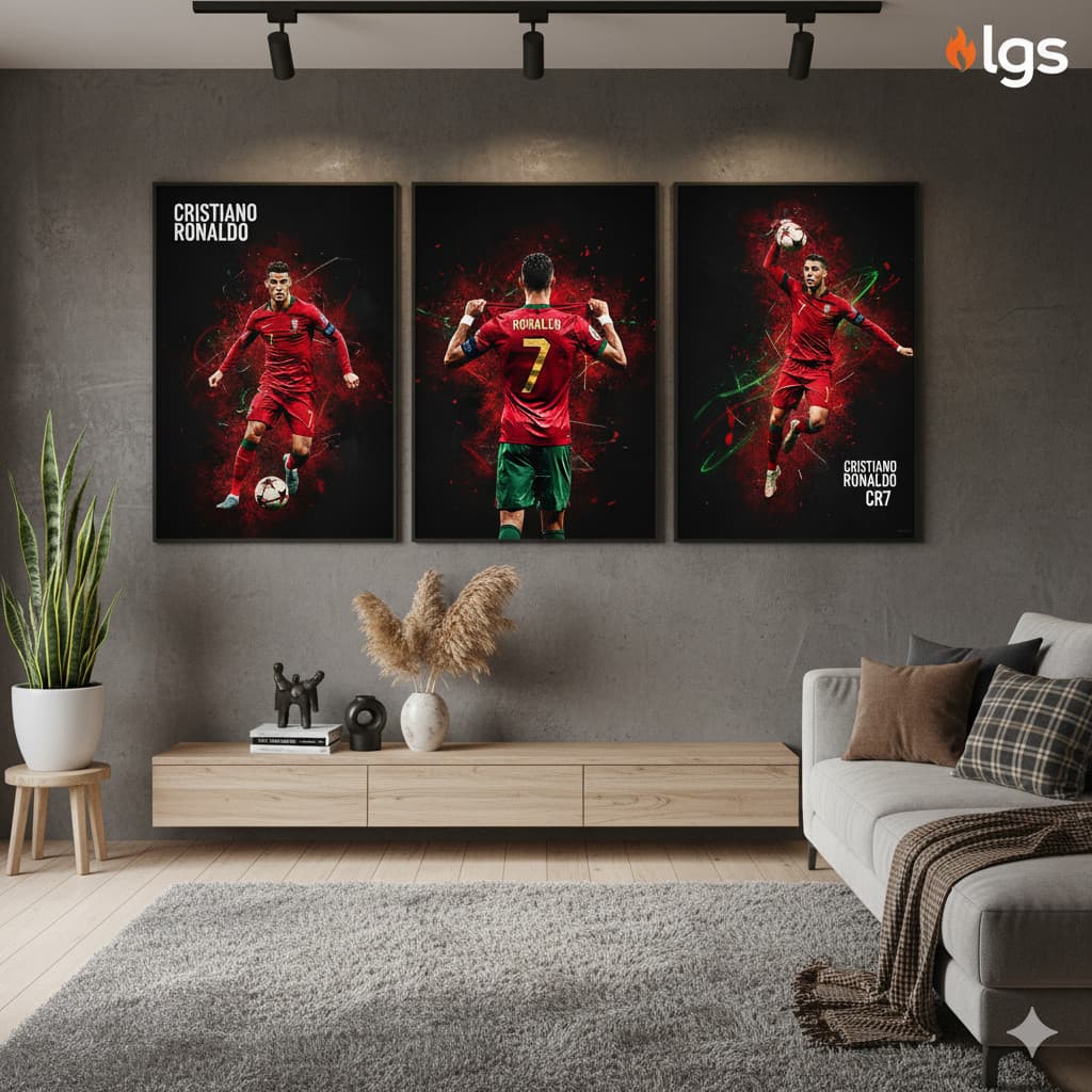 Quadro Decorativo Trio CR& Cristiano Ronaldo Portugual 7 Bola Jogador Futebol Para Sala Quarto Hall