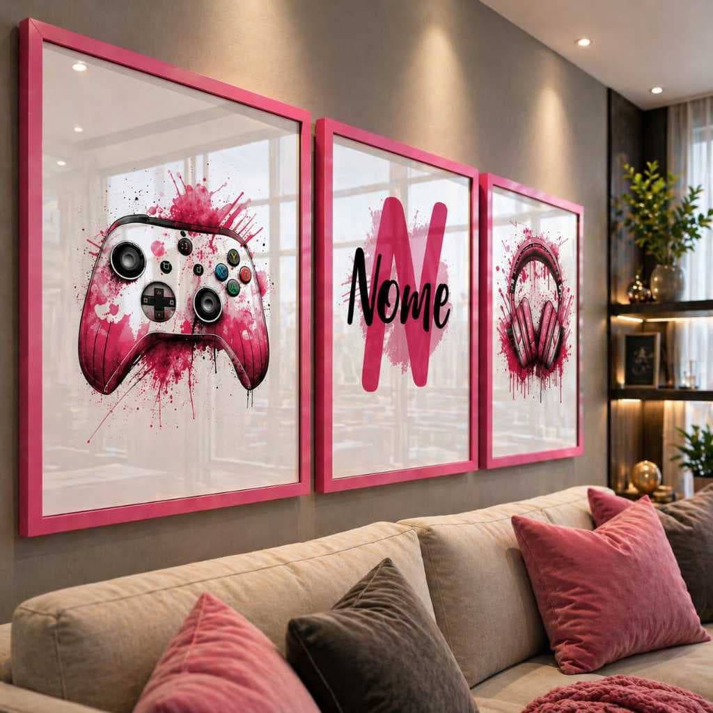 Kit 3 Quadros Gamer Rosa Personalizado Nome Controle Headset Decoração Quarto Gamer