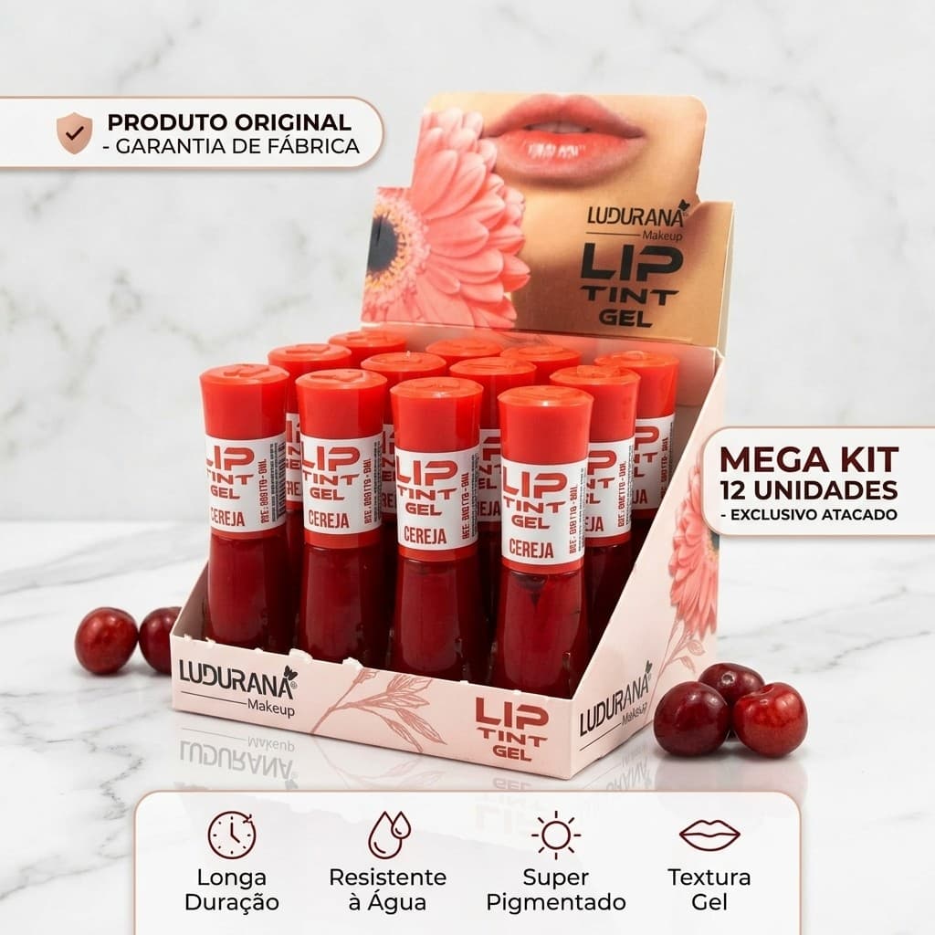 Kit 12 Unidades Lip Tint Gel Ludurana Cor Cereja - Tint Labial Multifuncional Longa Duração - Aprovado ANVISA