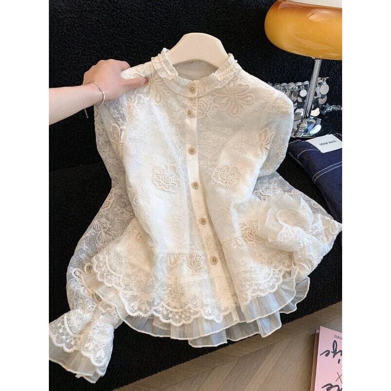 Camisa bordada de renda estilo tribunal francês feminina início da primavera versão coreana elegante fungo borda boa apa