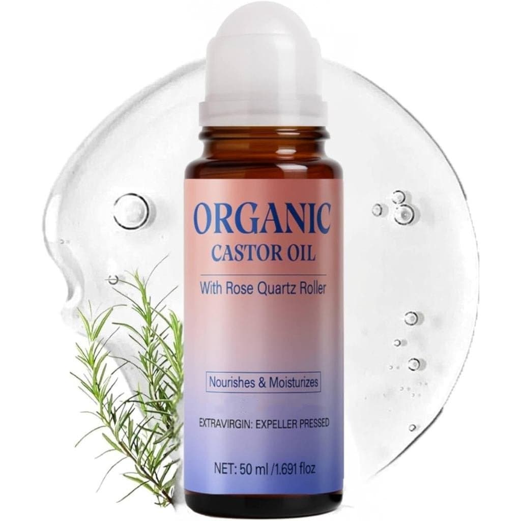 Óleo de Rícino Orgânico Roll-On com Rolo de Quartzo Rosa, Óleo de Rícino para Hidratação Profunda e Duradoura, Não Oleos