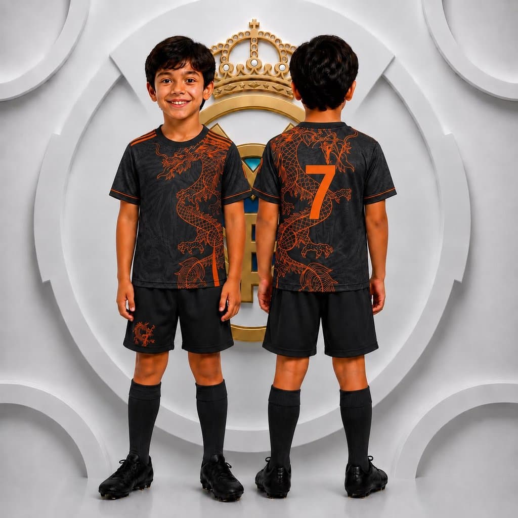 Conjunto Infantil Madrid Preto com Laranja Dragão Camisa e Short para Crianças Novo