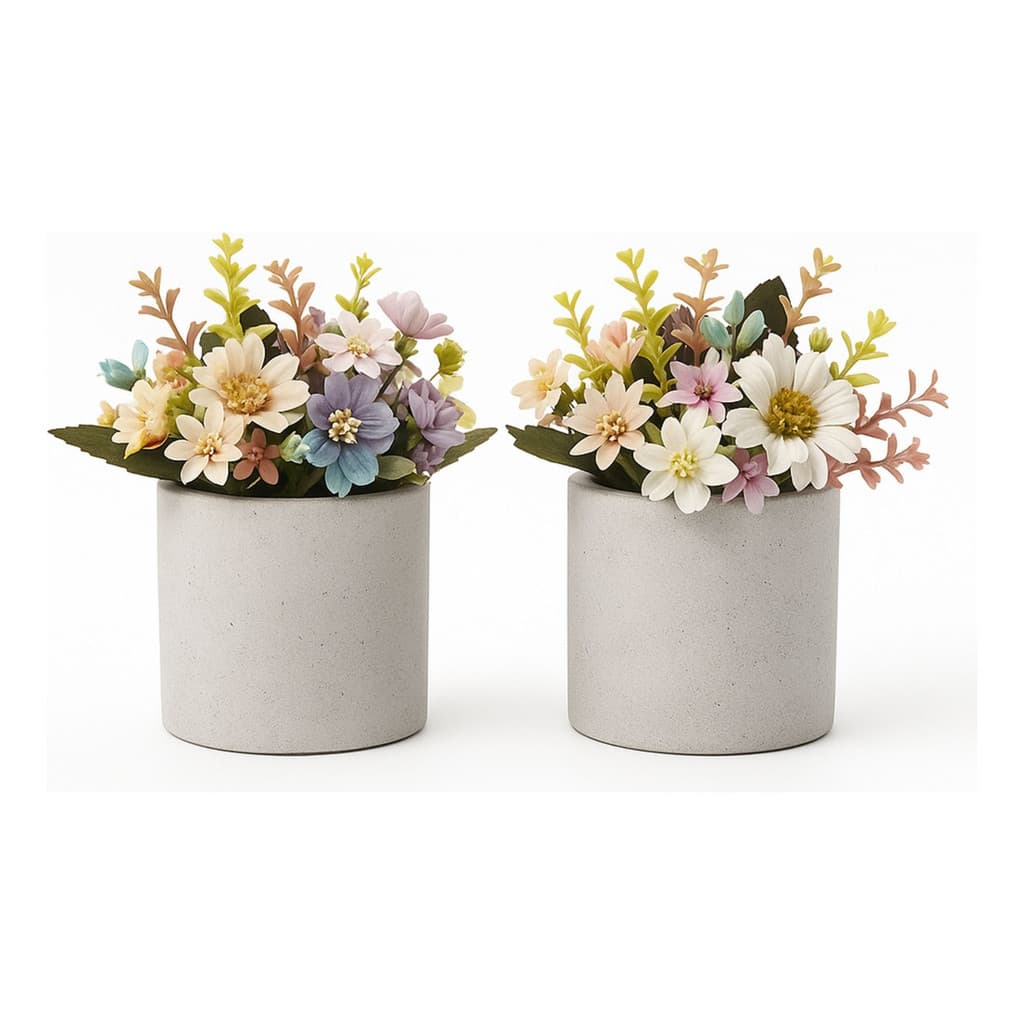 Kit 2 Mini Vasos Cachepot De Cimento E Flores Artificiais