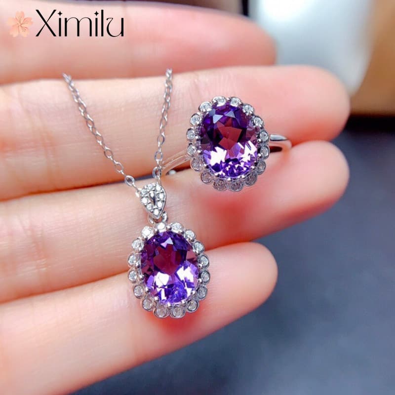 ❤ Anel Oval de luxo Original, pingente de moda para meninas, colar banhado a platina, conjunto de joias retrô de ametist