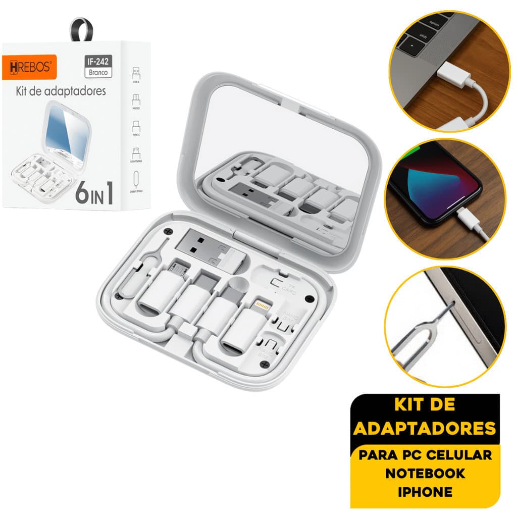 Kit Cabos 6 em 1 Rápido 60W - USB-C iPhone V8 + Estojo Suporte