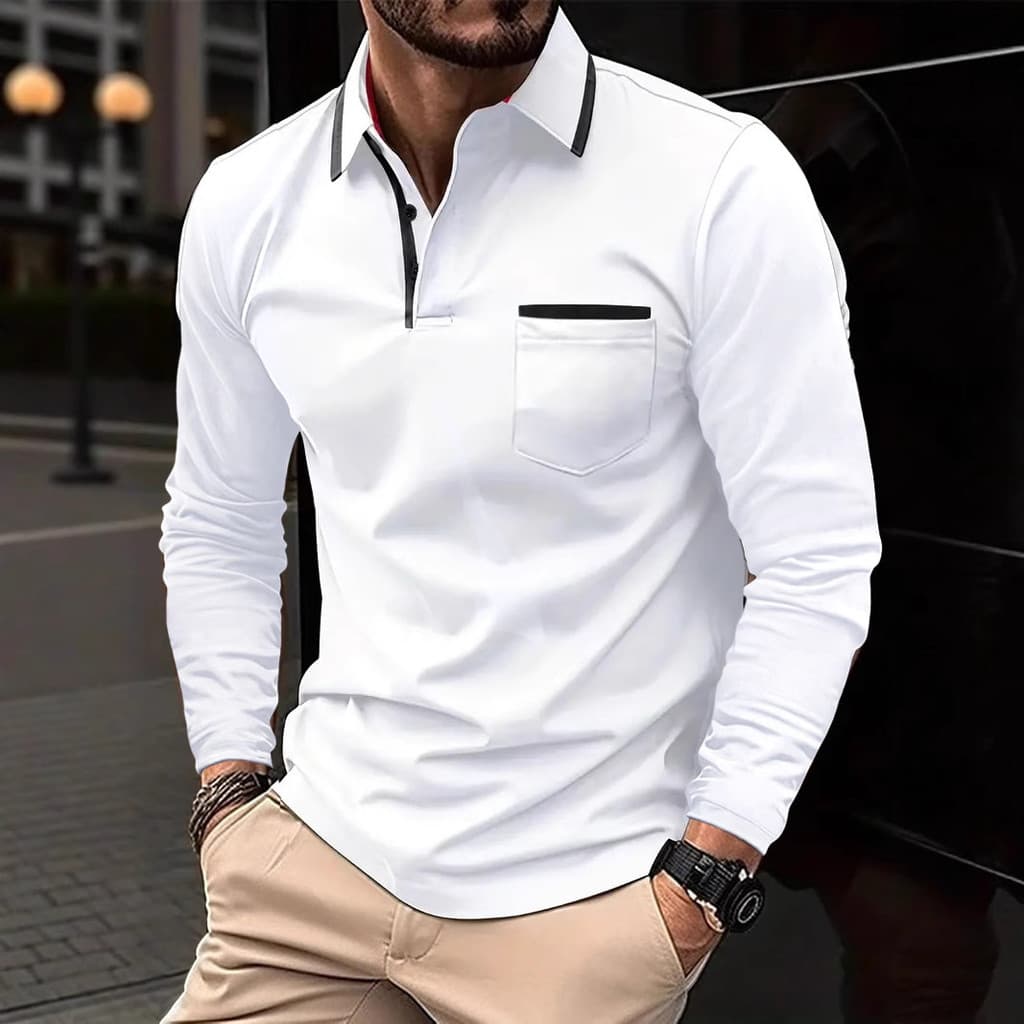 Nova moda lapela botão masculino Casual camisa POLO de manga comprida