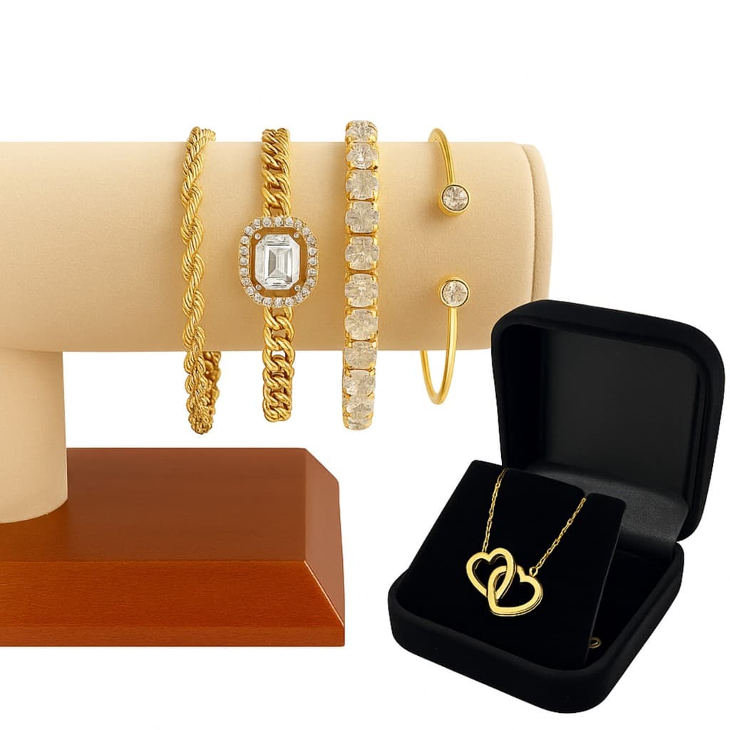 Conjunto Feminino Colar Coração Entrelaçado e Pulseira Dourada com Caixinha de Veludo