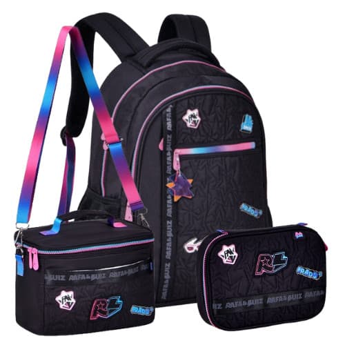 Kit Rafa e Luiz Costas - Mochila+ Lancheira+Estojo Box Escolar Juvenil - Preta - Clio
