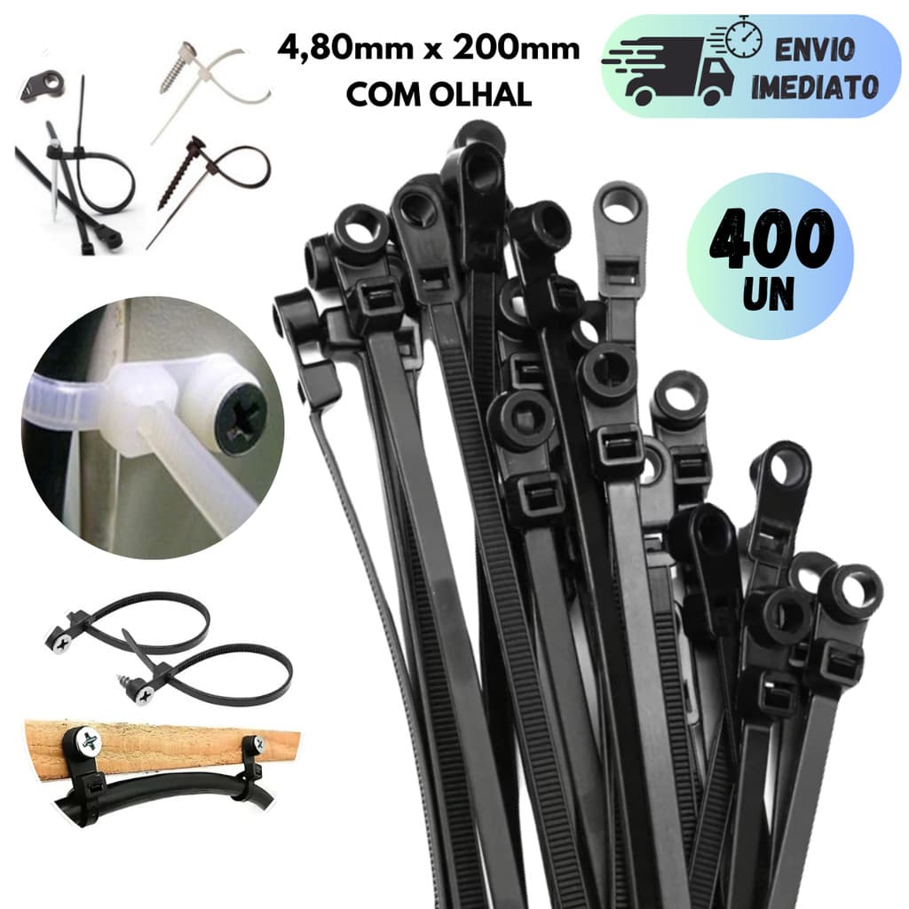 KIT 200 A 400 ABRAÇADEIRA COM OLHAL 4,80MMX200MM PRETA ENFORCA GATO NYLON PLASTICO